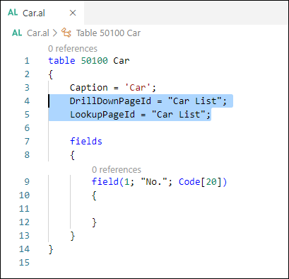 Screenshot of the DrillDownPageId and LookupPageId properties.