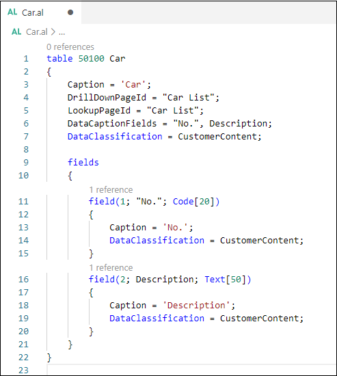 Screenshot example of a DataType property in AL.