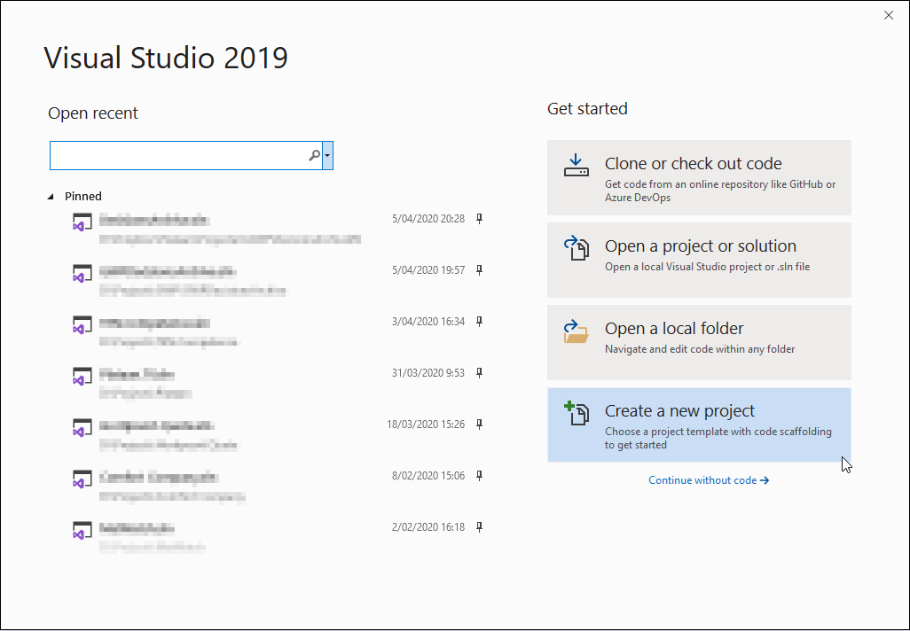 Screenshot of the Visual Studio Create new project feature.