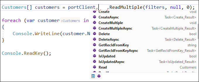Screenshot of the PortClient to create or update methods.