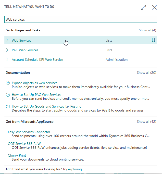 Screenshot of the Tell Me search results for web services.