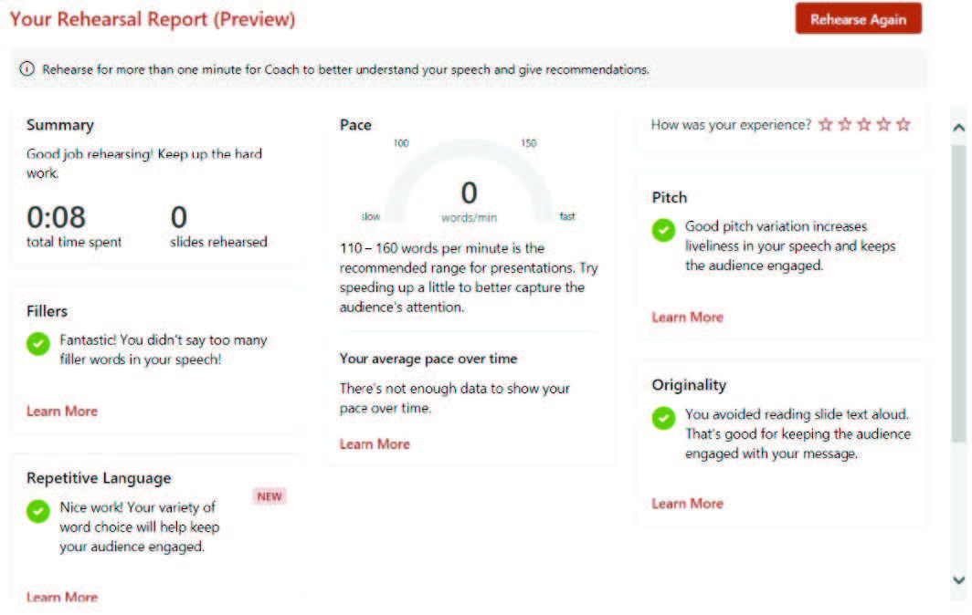 A screenshot of PowerPoint Your Rehearsal Report (Preview) feature.