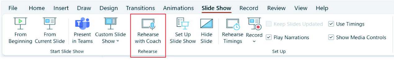 A screenshot of PowerPoint SlideShow menu highlighting Rehearse with Coach option.
