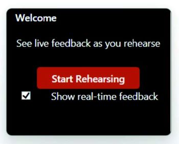A screenshot of Rehearse with Coach PowerPoint feature highlighting Start Rehearsing interface.