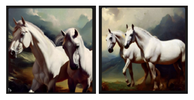 Images of two white horses generated by Microsoft Image Creator.