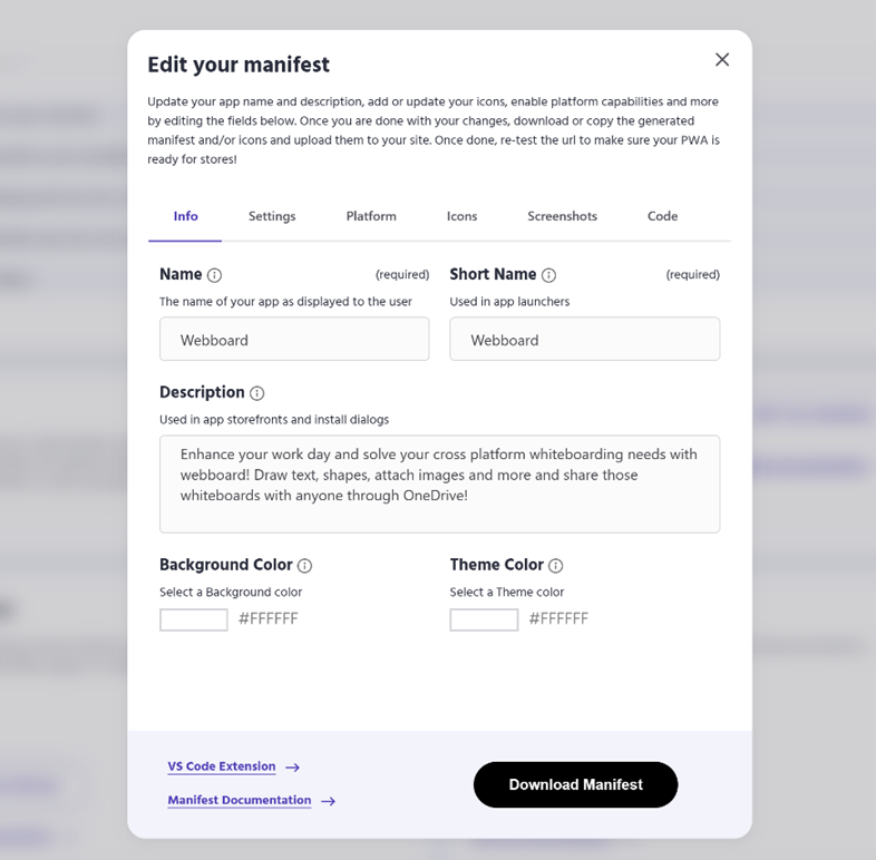 Screenshot of PWABuilder's Manifest Editor modal.