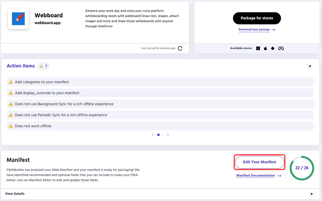 Screenshot of PWABuilder's report card page that shows the Action Items section and the Manifest section.  The Edit Your Manifest button located on the bottom right of the page is highlighted.