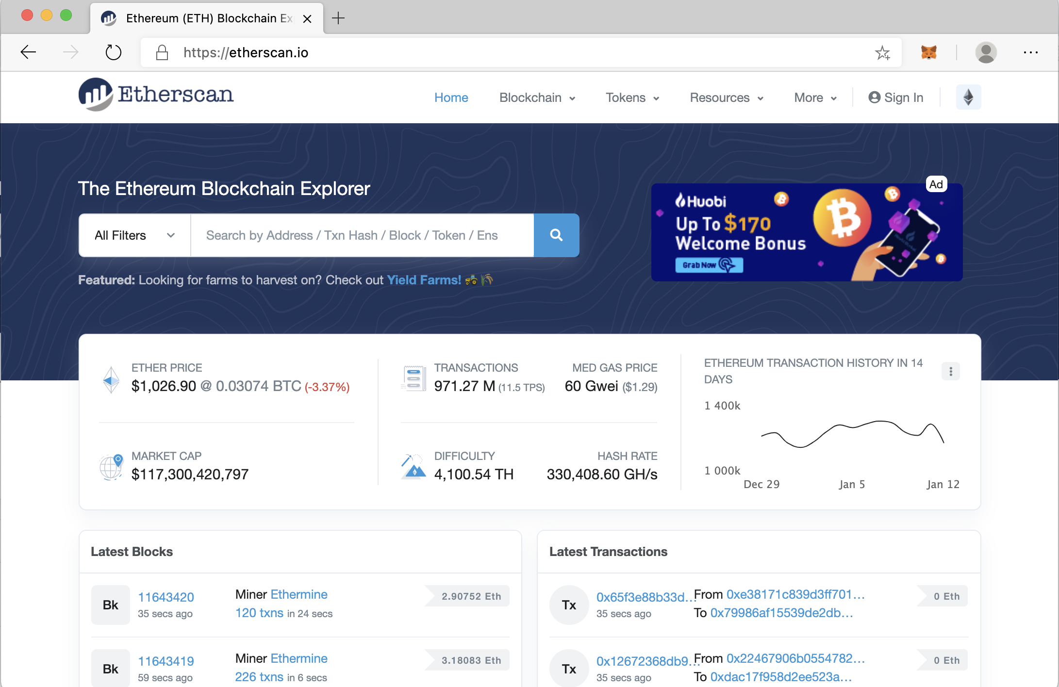 Screenshot showing the home page of Etherscan.