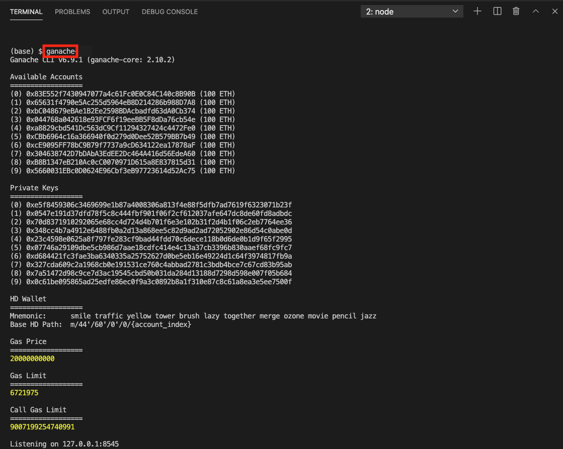 Screenshot showing how to start Ganache from the command line by running the ganache command.
