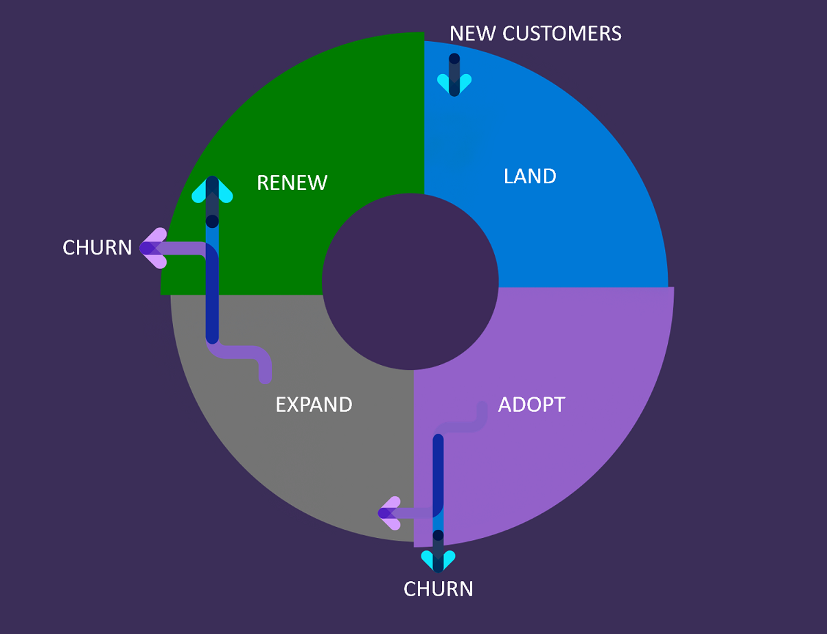Diagram that illustrates the impact of potential customer churn on the Adoption and Renew stages of the LAER model.