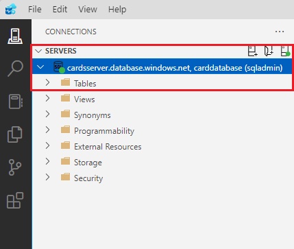Screenshot of the Azure Data Studio interface showing how to locate the Tables folder in a server connection.