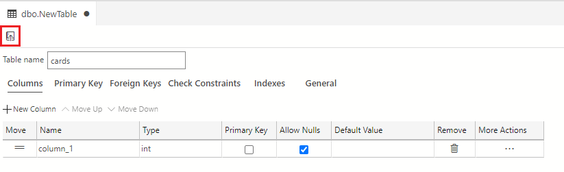 Screenshot showing how to select the Publish Changes icon in the upper left-hand corner of the Table Designer, just above the Table name field.