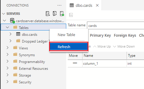 Screenshot of the Table Designer in Azure Data Studio showing how to change the name of the table and publish this table to a database.
