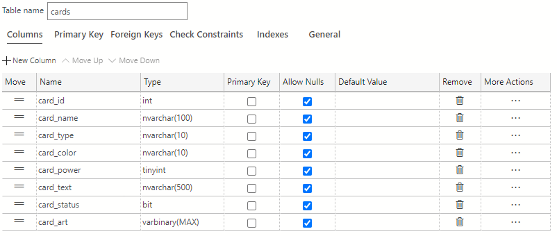 A screenshot of the completed cards table design in Azure Data Studio.