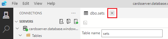 Screenshot showing how to click the X on the table designer tab to close the table designer for the sets table.