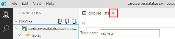 A screenshot showing how to click the X on the table designer tab to close the table designer for the set_lists table.