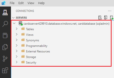 Screenshot of the database's contents in the Azure Data Studio connections pane.