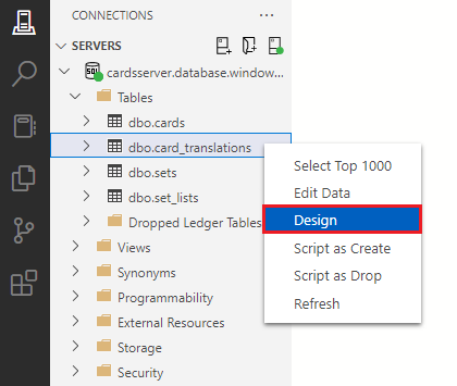 Screenshot showing how to right click the card_translations table in the connections navigator and select Design.