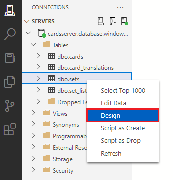 Screenshot showing how to right-click the sets table and select Design.