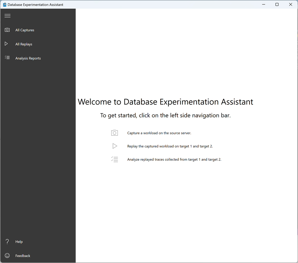 Screenshot of the Database Experimentation Assistant with the welcome screen displayed.