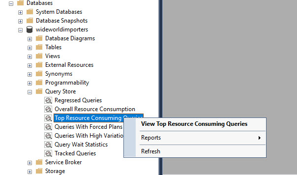 Screenshot of SSMS Query Store and selecting the Top Resource Consuming Queries report.
