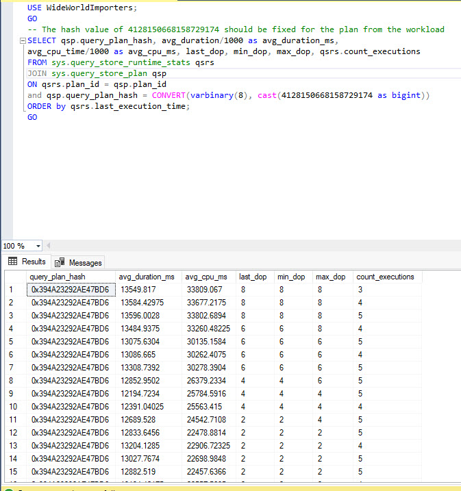 Screenshot of SSMS query stats results.
