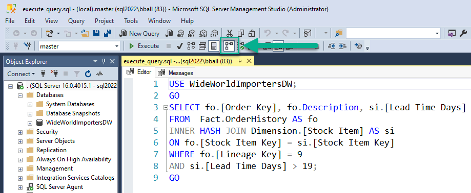 Screenshot of SSMS query executing select query for memory grant exercise.