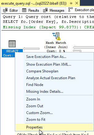 Screenshot of the execution plan in SSMS selecting properties for the select operator.