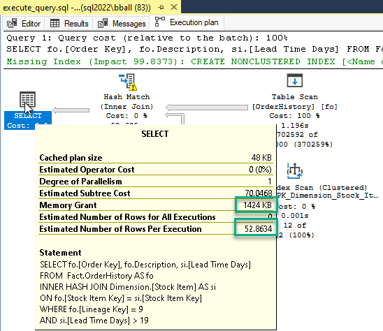 Screenshot of the execution plan in SSMS and hovering over the select operator.