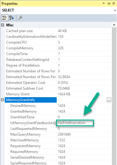 Screenshot of the execution plan select operator properties in SSMS.