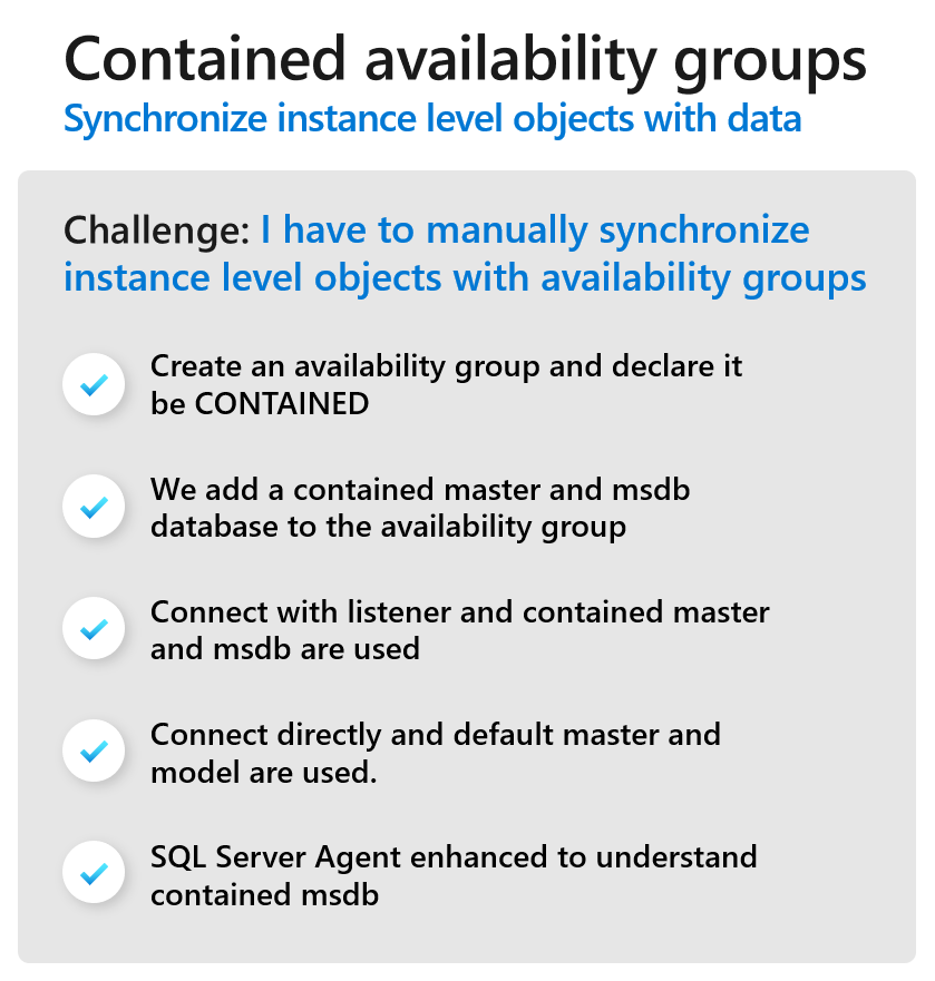 Diagram of the contained availability groups challenges and properties.
