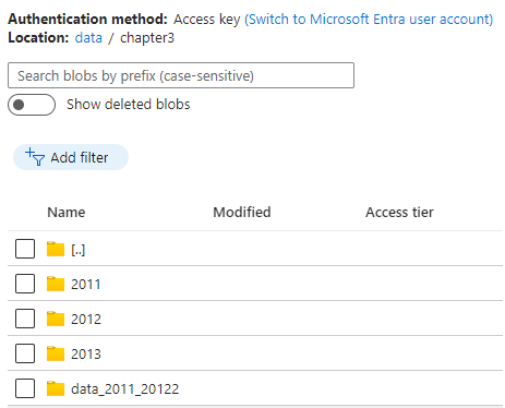Screenshot of the Azure portal storage container showing the folders created for our command.