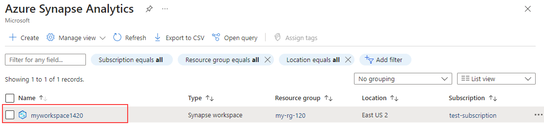 Screenshot showing the list of Synapse workspace resource on Azure portal.