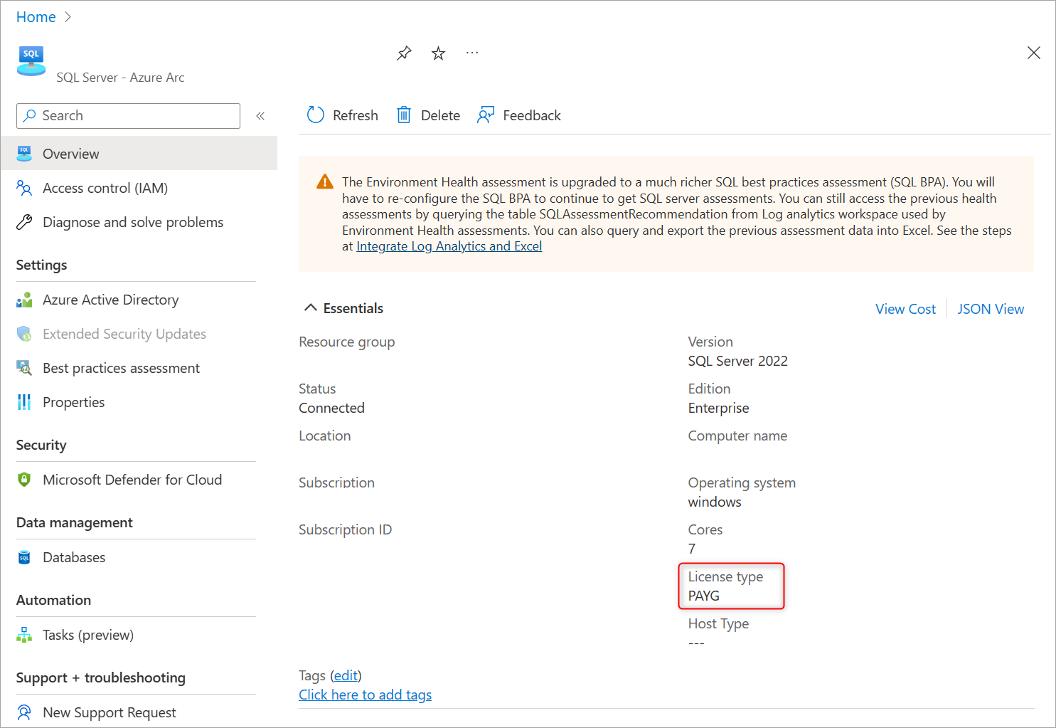 Screenshot showing the Overview blade highlighting the license type option.