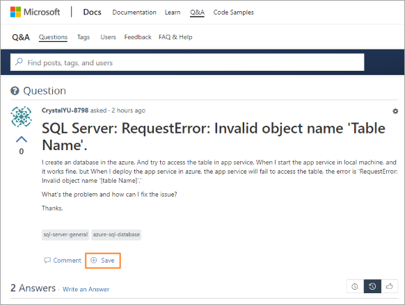 Screenshot of a question in Q&A titled "SQL Server: RequestError: Invalid object name 'Table Name'"