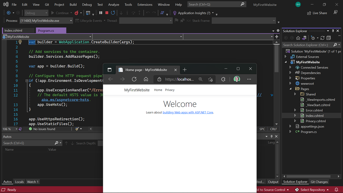 Screenshot of Visual Studio debugging a webapp called my first website