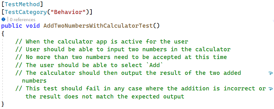 A screenshot of an empty test method in Visual Studio, with several comments describing the business needs of the app's calculator function.