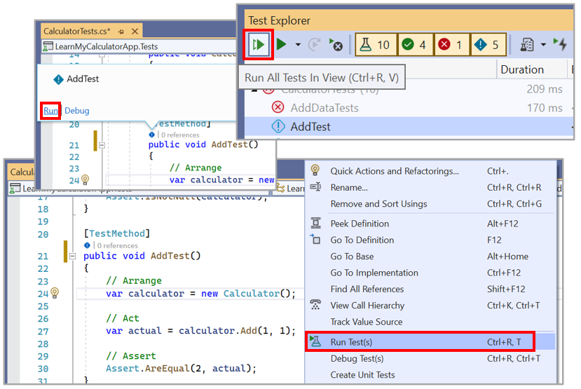 Screenshot of buttons and commands for running or debugging tests from Visual Studio Test Explorer or Editor.