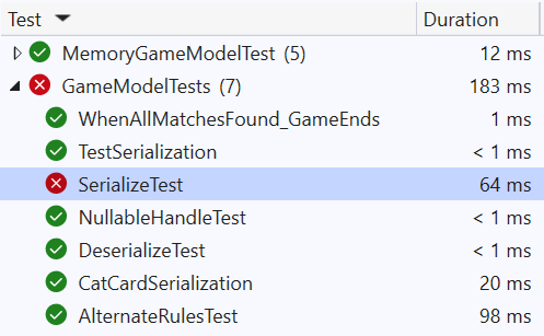 Screenshot of table showing how tests appear in a list with passing and failing results in Visual Studio Test Explorer.