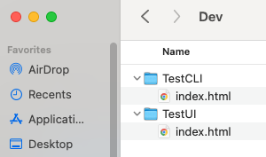 Screenshot of the TestUI and TestCLI folders with index.html files.