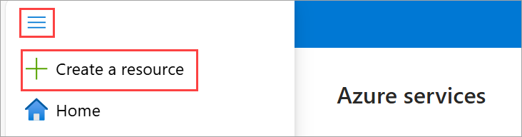 Screenshot showing the Create a resource action in the Azure portal menu.