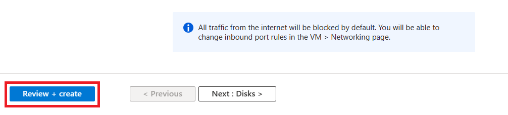 Screenshot highlighting the Review + create option during VM creation.