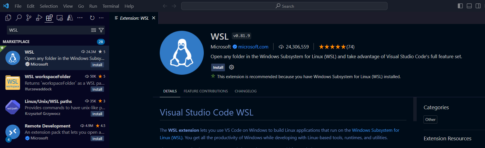 Screenshot of the Visual Studio Code Extensions tab with WSL extension showing.