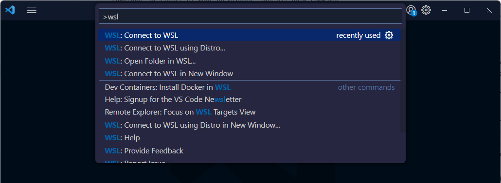Screenshot of the Visual Studio Code WSL connect to WSL command.
