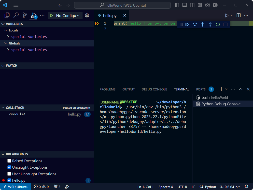 Screenshot of the Visual Studio Code WSL terminal.