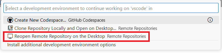 Screenshot showing the Reopen Remote Repository on the Desktop option in the Command Palette of VS Code for the Web.