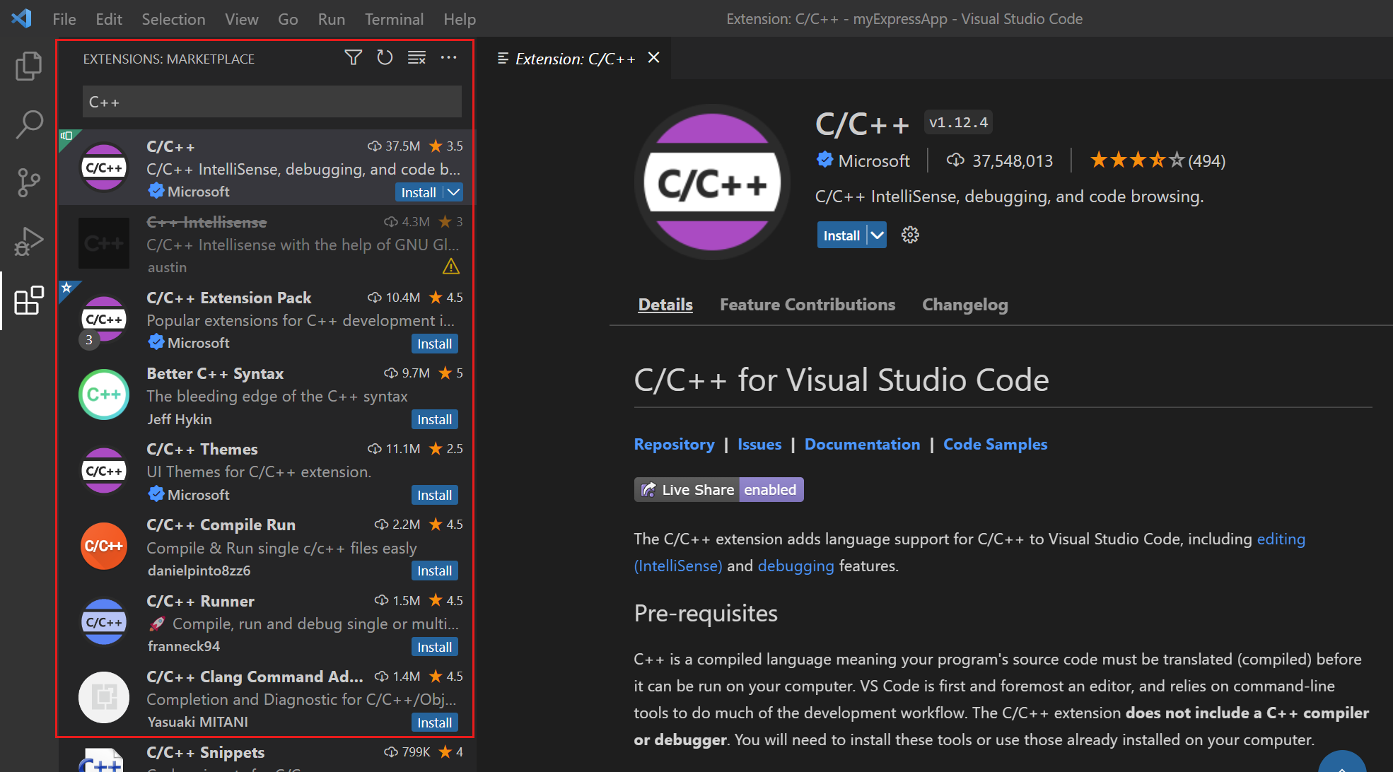 Screenshot of Visual Studio Code with the Extensions Marketplace view displayed.