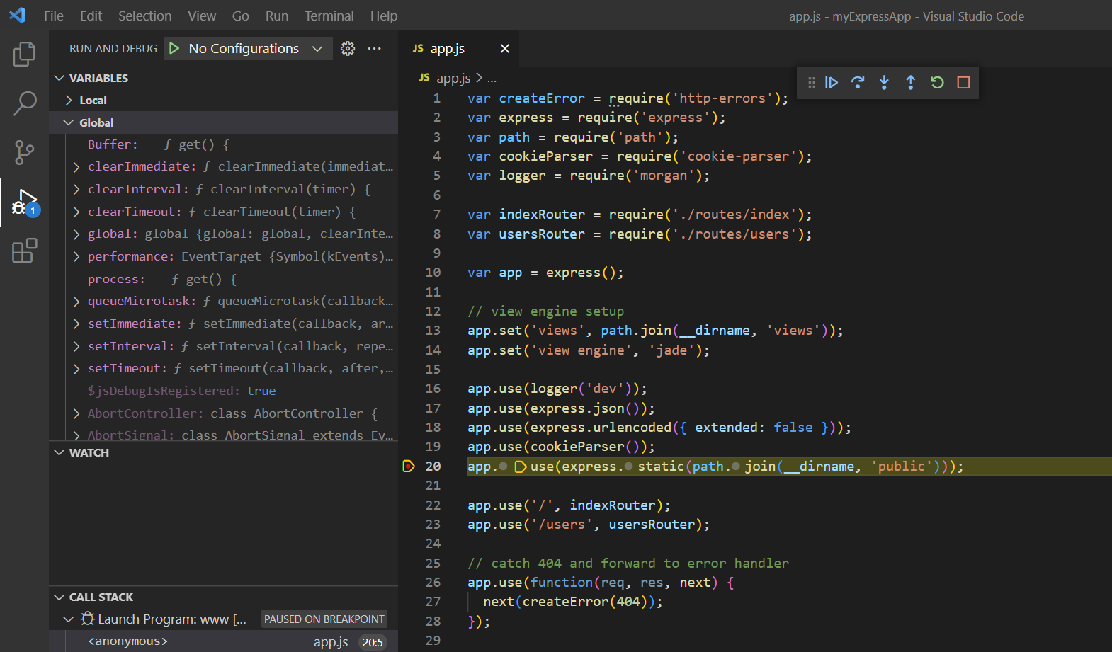 Screenshot of Visual Studio Code in debug mode with Debug Toolbar visible.