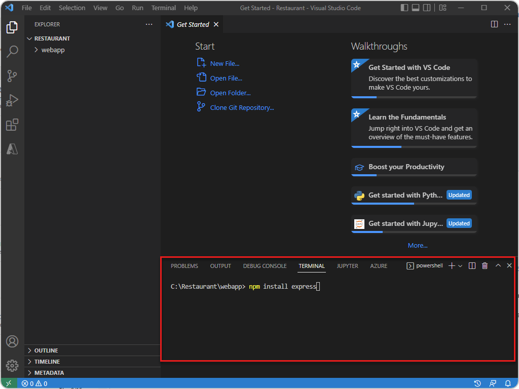 Screenshot of Visual Studio Code with Terminal window displayed at bottom of UI.