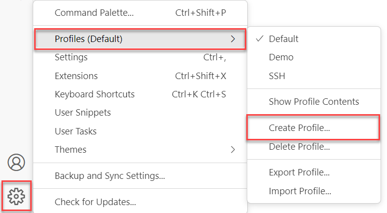 Screenshot of the menu command for creating a profile in Visual Studio Code.